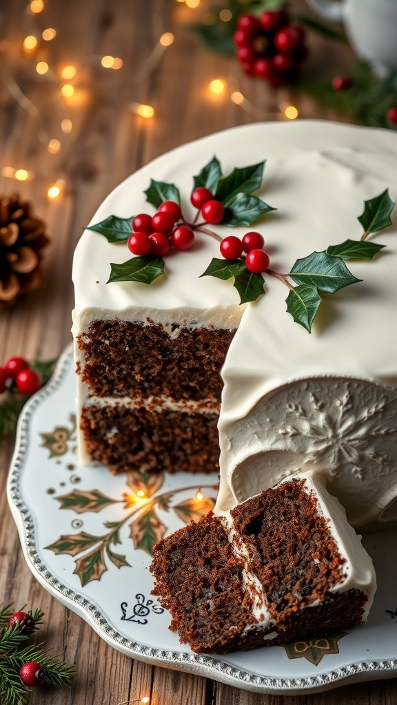 A traditional Victorian Christmas cake covered in white fondant, decorated with holly, on a rustic table with festive lights.